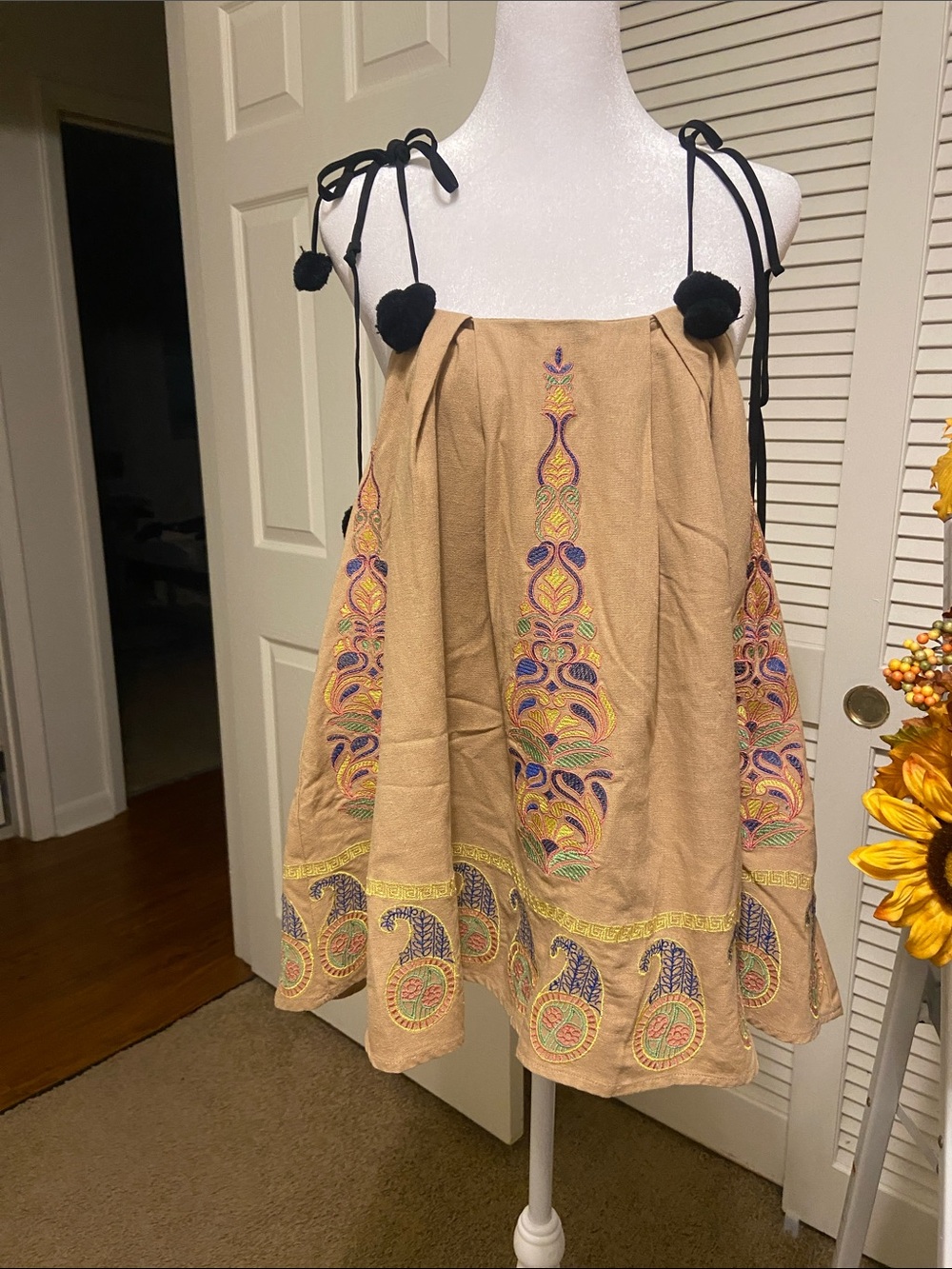 Embroidered Tan women’s tank style shirt with Pom-Shoulder Ties